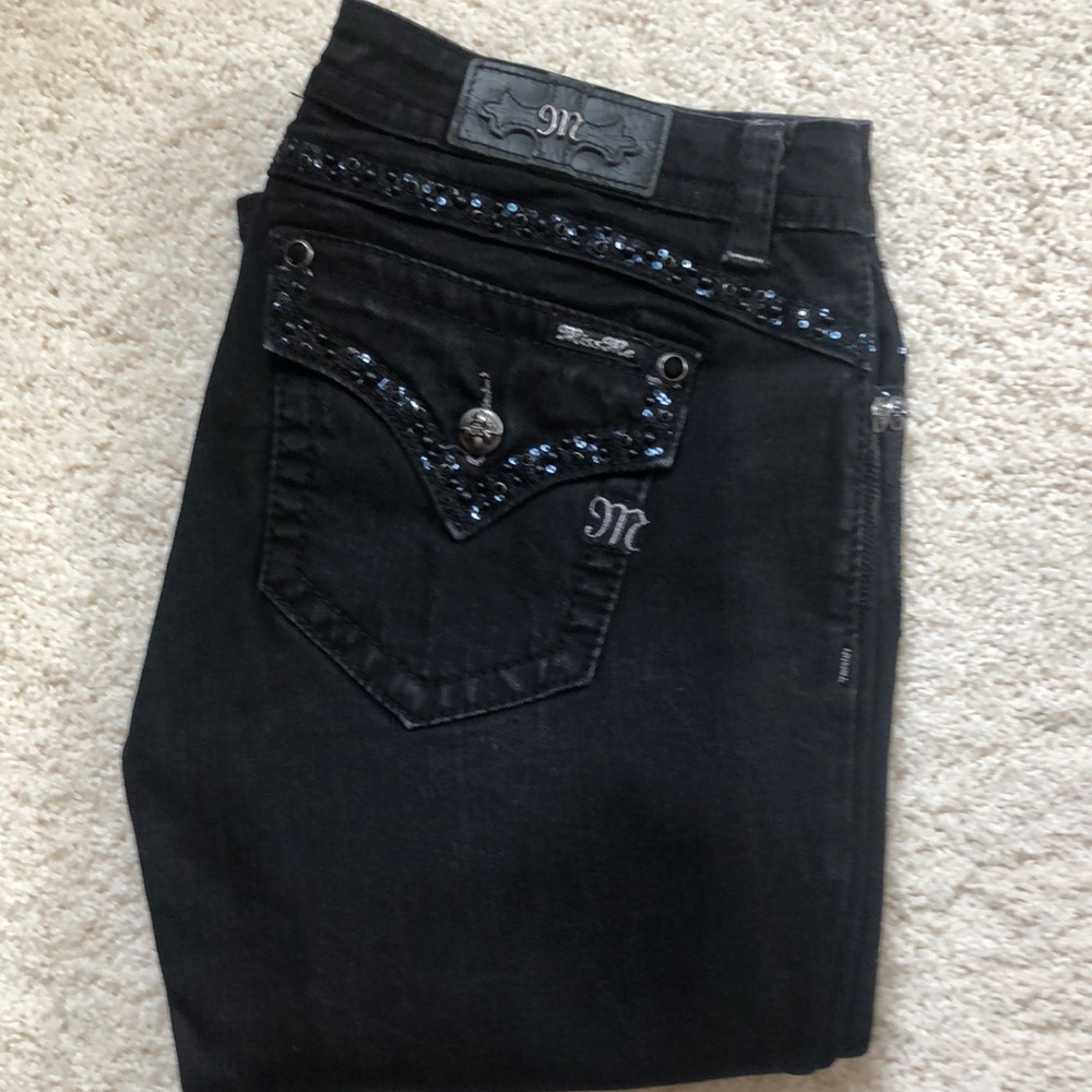 Miss Me EUC black jeans with bling. 31 waist, mid-rise, skinny legs.